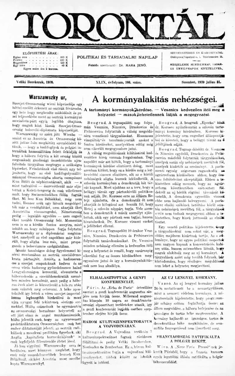 Torontál, 49. évf. 1920. július 31. 166. sz.