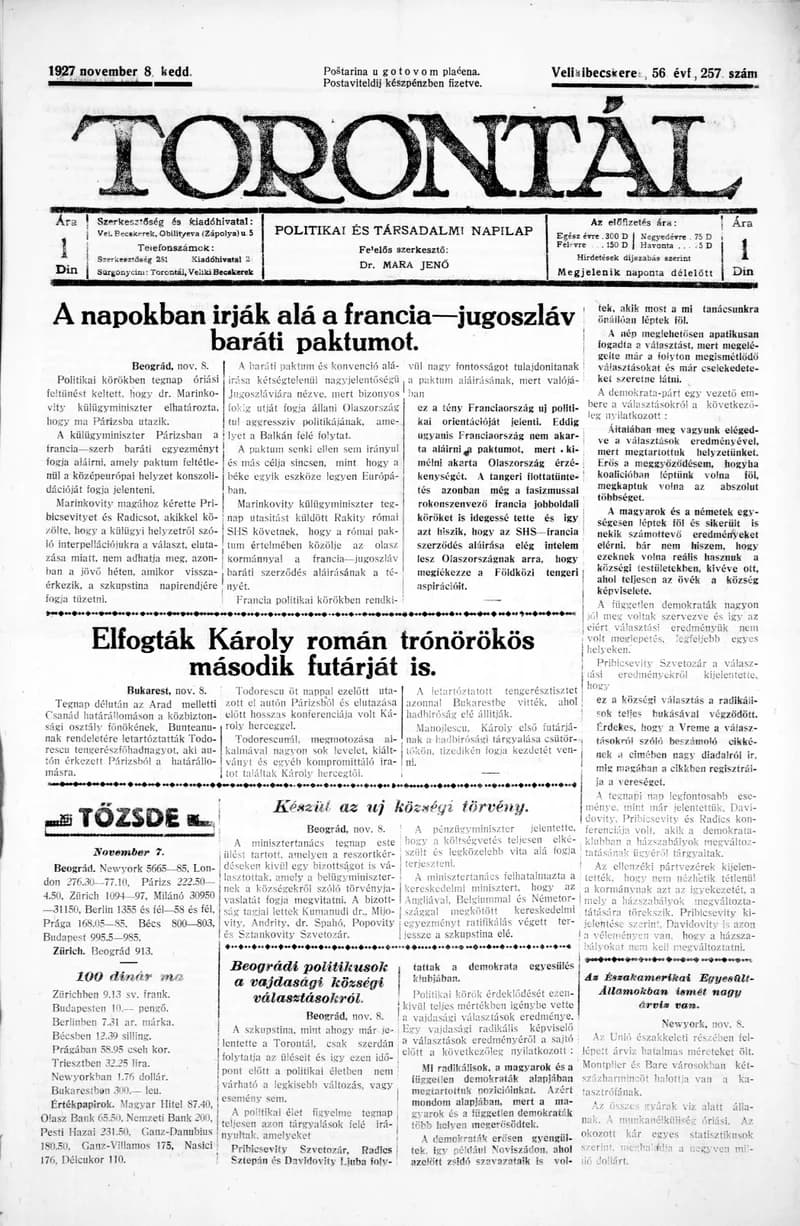 Torontál, 56. évf. 1927. november 8. 257. sz.