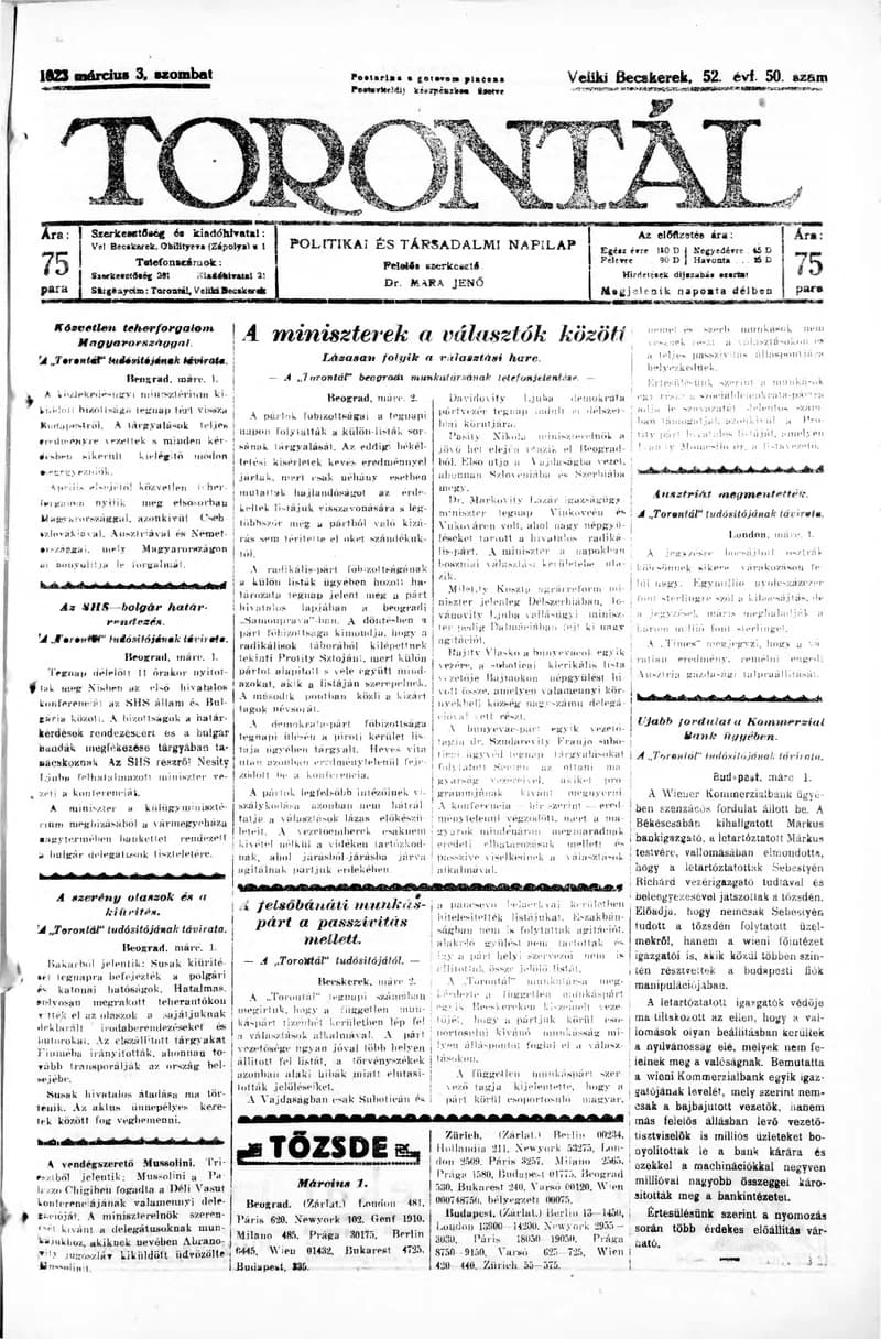 Torontál, 52. évf. 1923. március 3. 50. sz.