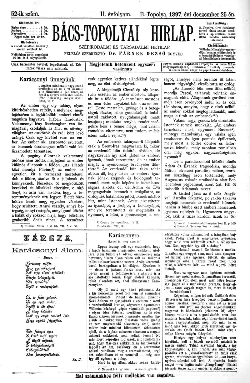 Bács-Topolyai Hirlap, 2. évf. 1897. december 25. 52. sz.