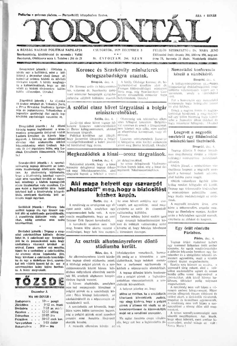 Torontál, 58. évf. 1929. december 5. 280. sz.
