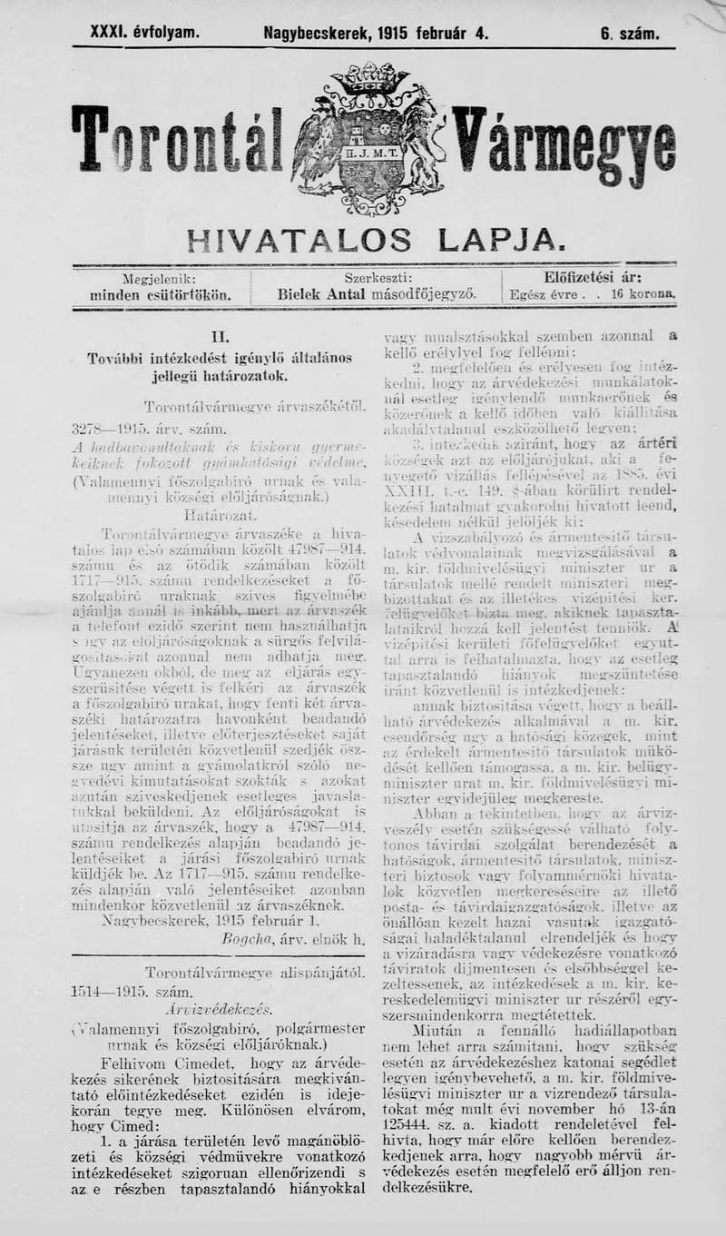 Torontál Vármegye Hivatalos Lapja, 31. évf. 1915. február 4. 6. sz.