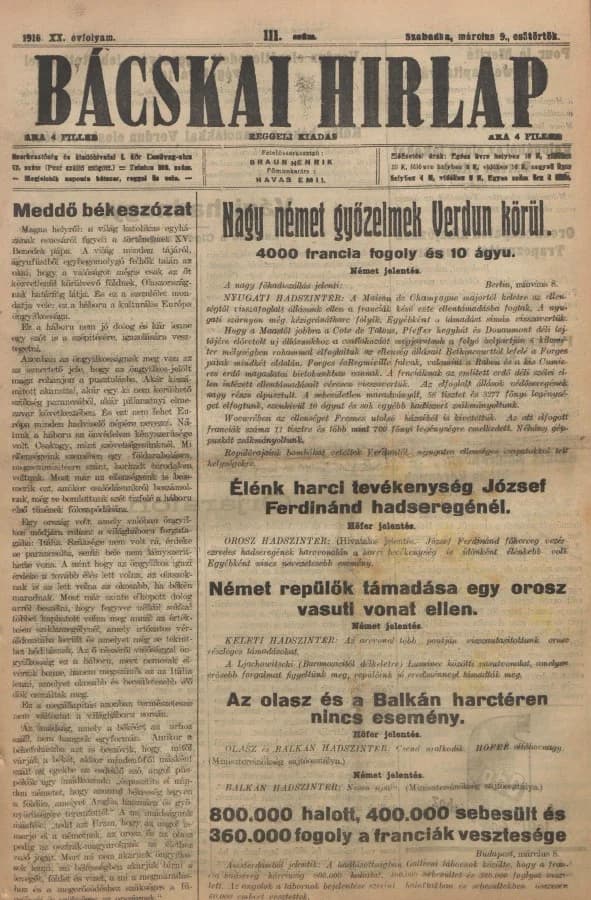 Bácskai Hirlap, 20. évf. 1916. március 9. 111. sz.