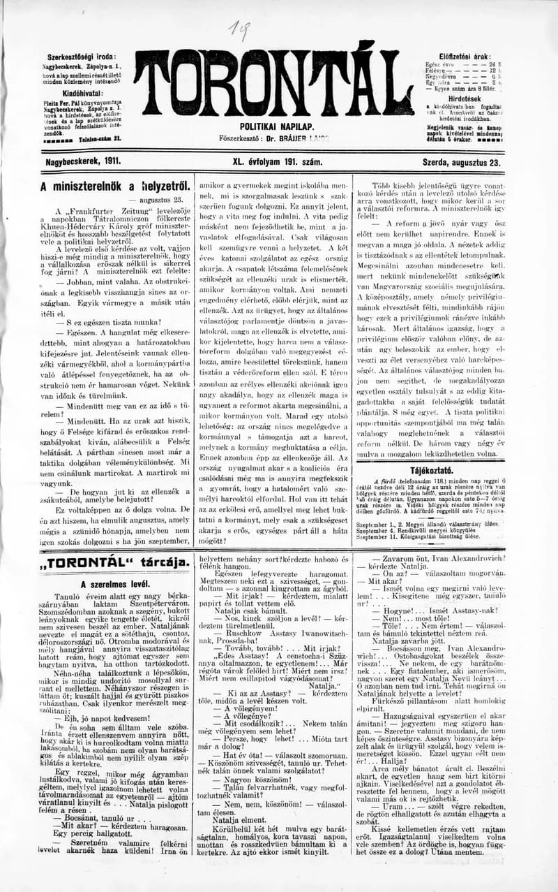 Torontál, 40. évf. 1911. augusztus 23. 191. sz.