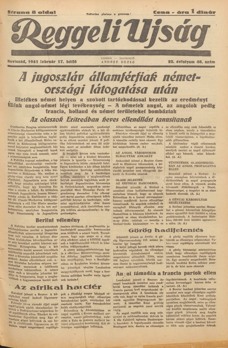 Reggeli Újság, 22. évf. 1941. február 17. 48. sz.