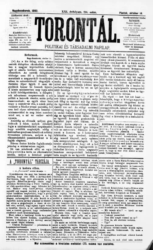 Torontál, 21. évf. 1892. október 14. 216. sz.