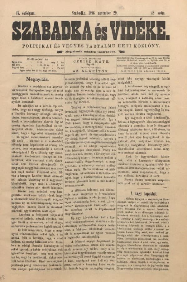 Szabadka és vidéke II, 4. évf. 1896. november 29. 48. sz.