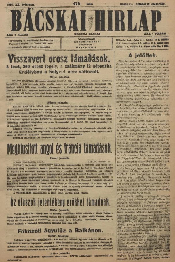 Bácskai Hirlap, 20. évf. 1916. október 19. 479. sz.