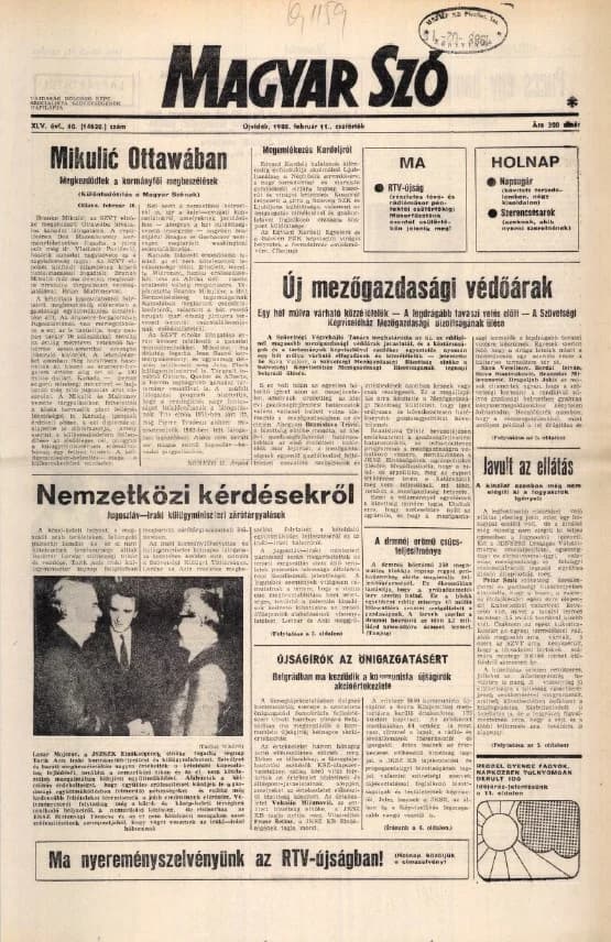 Magyar Szó, 45. évf. 1988. február 11. 40. sz. 1–16. oldal