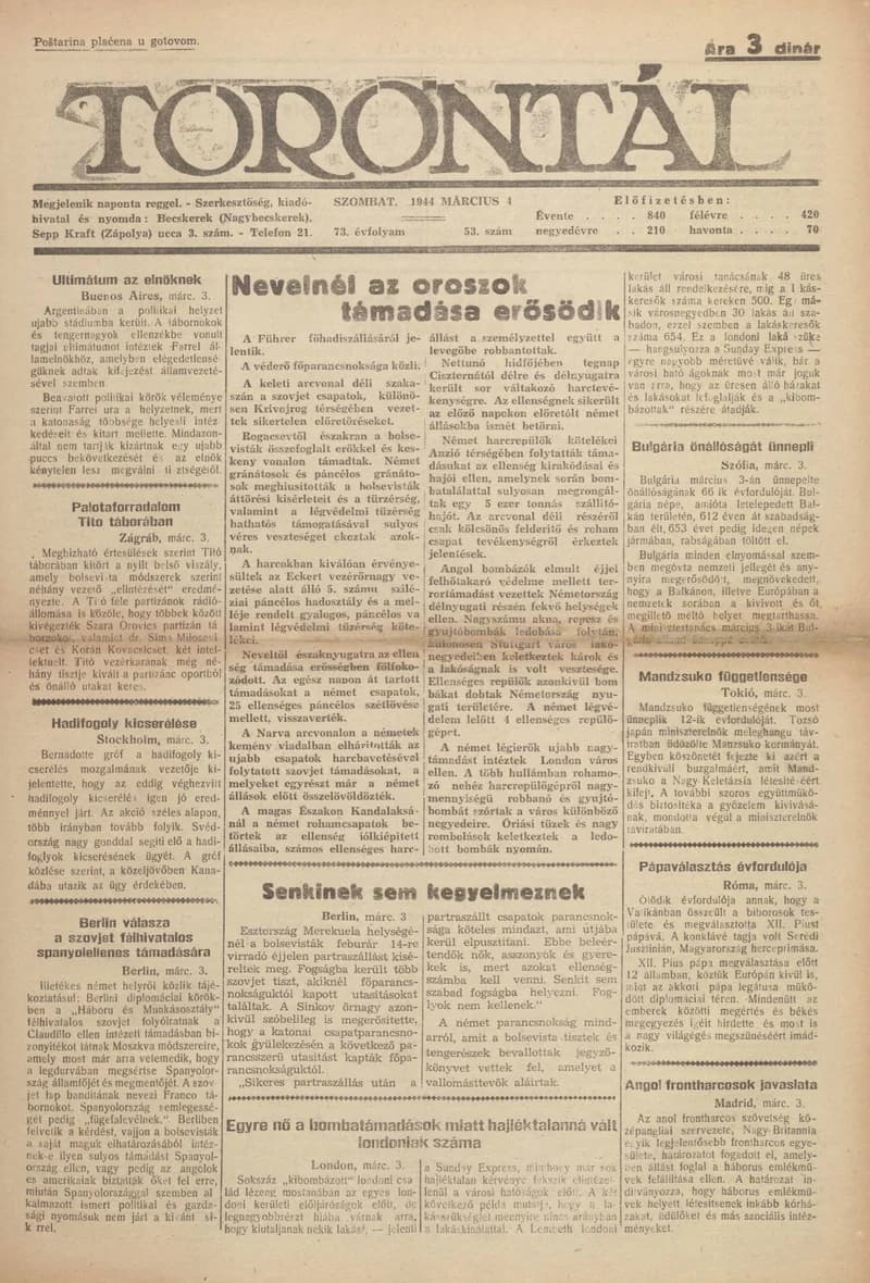 Torontál, 73. évf. 1944. március 4. 53. sz.