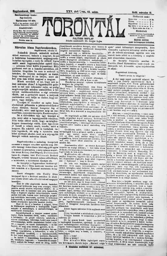 Torontál, 25. évf. 1896. március 16. 63. sz.