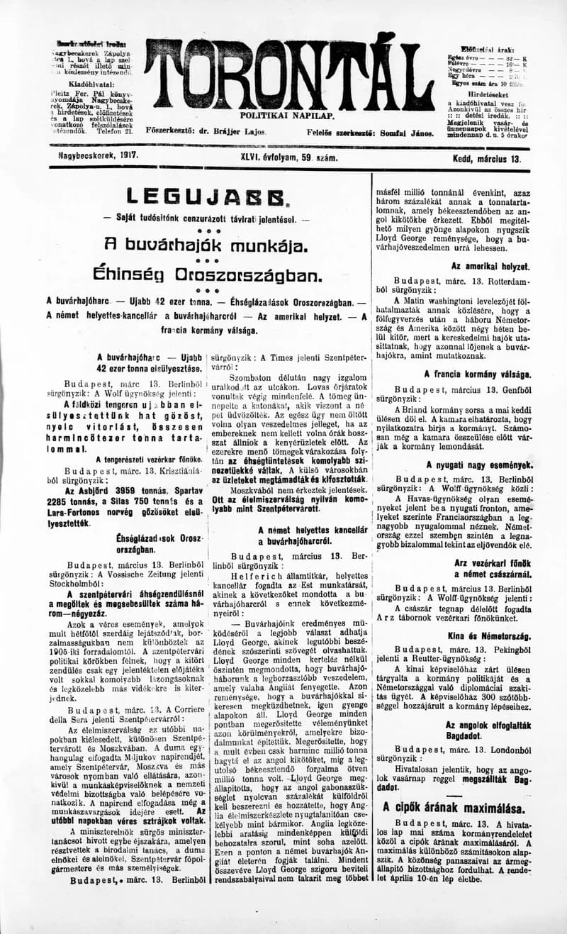 Torontál, 46. évf. 1917. március 13. 59. sz.