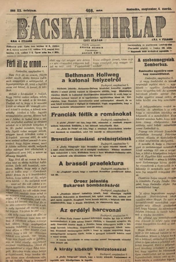 Bácskai Hirlap, 20. évf. 1916. szeptember 6. 408. sz.