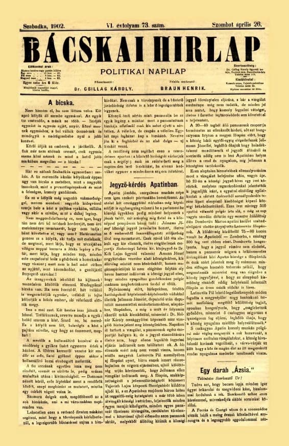 Bácskai Hirlap, 6. évf. 1902. április 26. 73. sz.