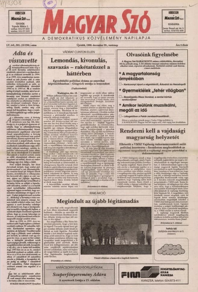 Magyar Szó, 55. évf. 1998. december 20. 301. sz. 1–24. oldal
