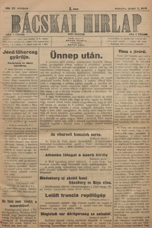 Bácskai Hirlap, 20. évf. 1916. január 3. 2. sz.