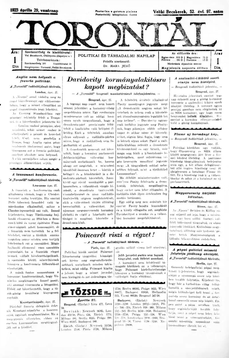 Torontál, 52. évf. 1923. április 29. 97. sz.