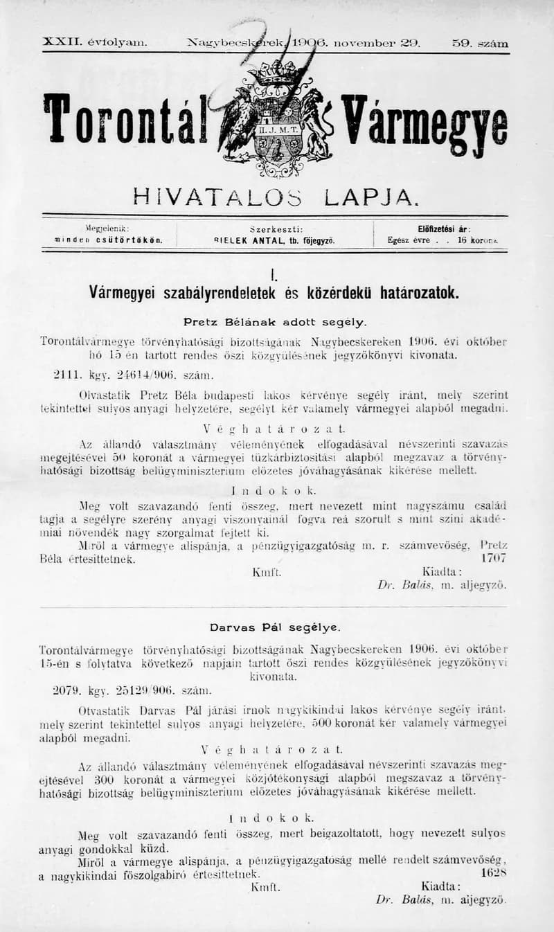 Torontál Vármegye Hivatalos Lapja, 22. évf. 1906. november 29. 59. sz.