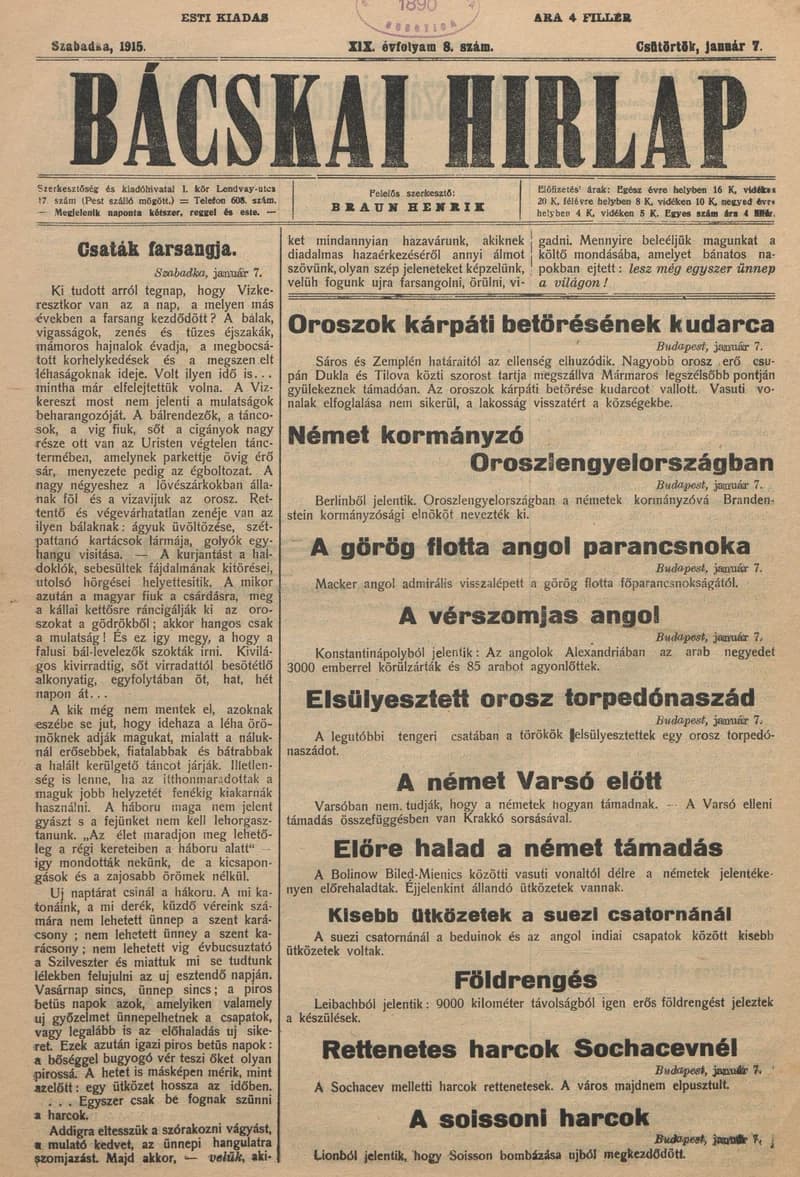 Bácskai Hirlap, 19. évf. 1915. január 7. 8. sz.