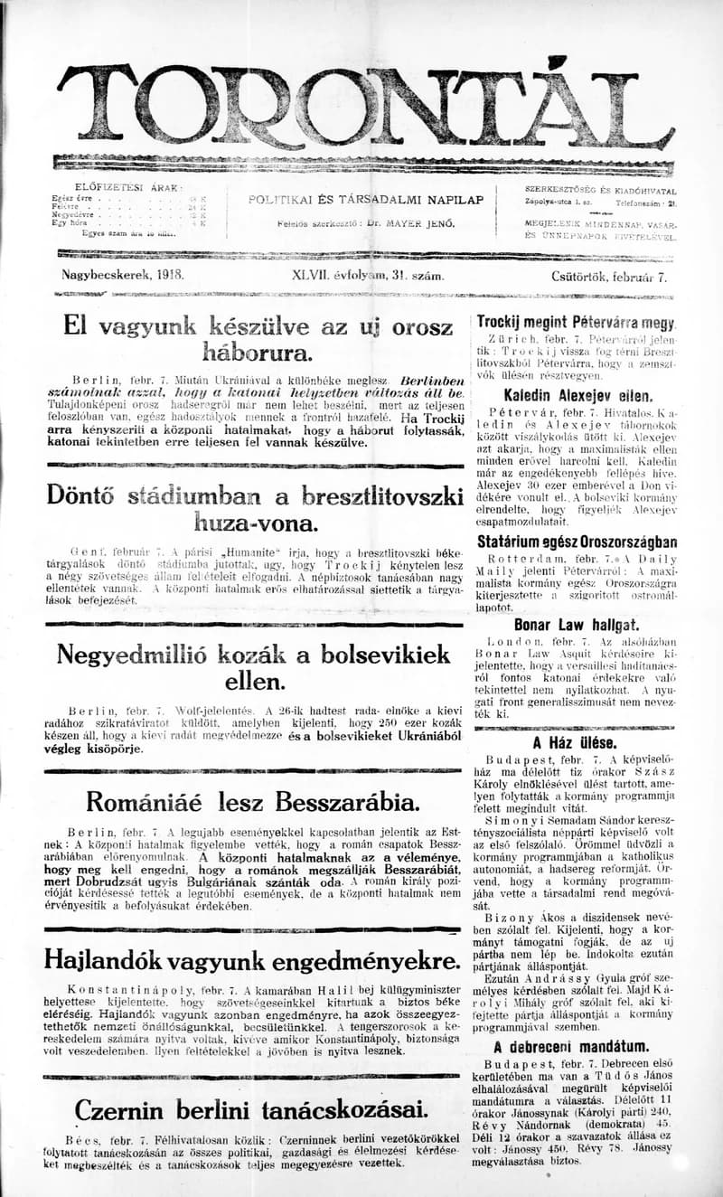 Torontál, 47. évf. 1918. február 7. 31. sz.
