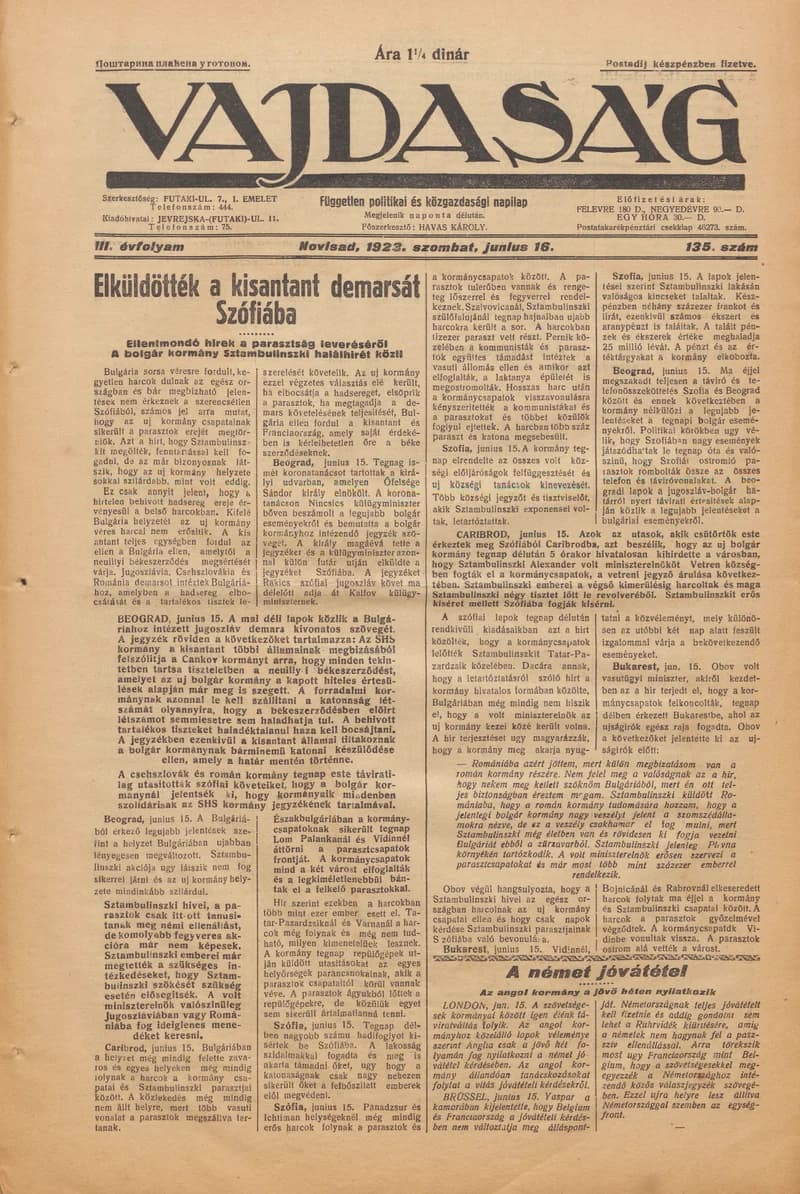 Vajdaság, 3. évf. 1923. június 16. 135. sz.