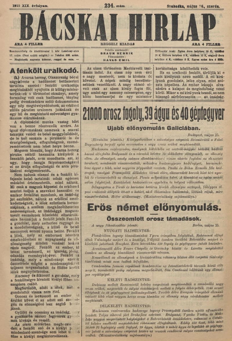 Bácskai Hirlap, 19. évf. 1915. május 26. 234. sz.