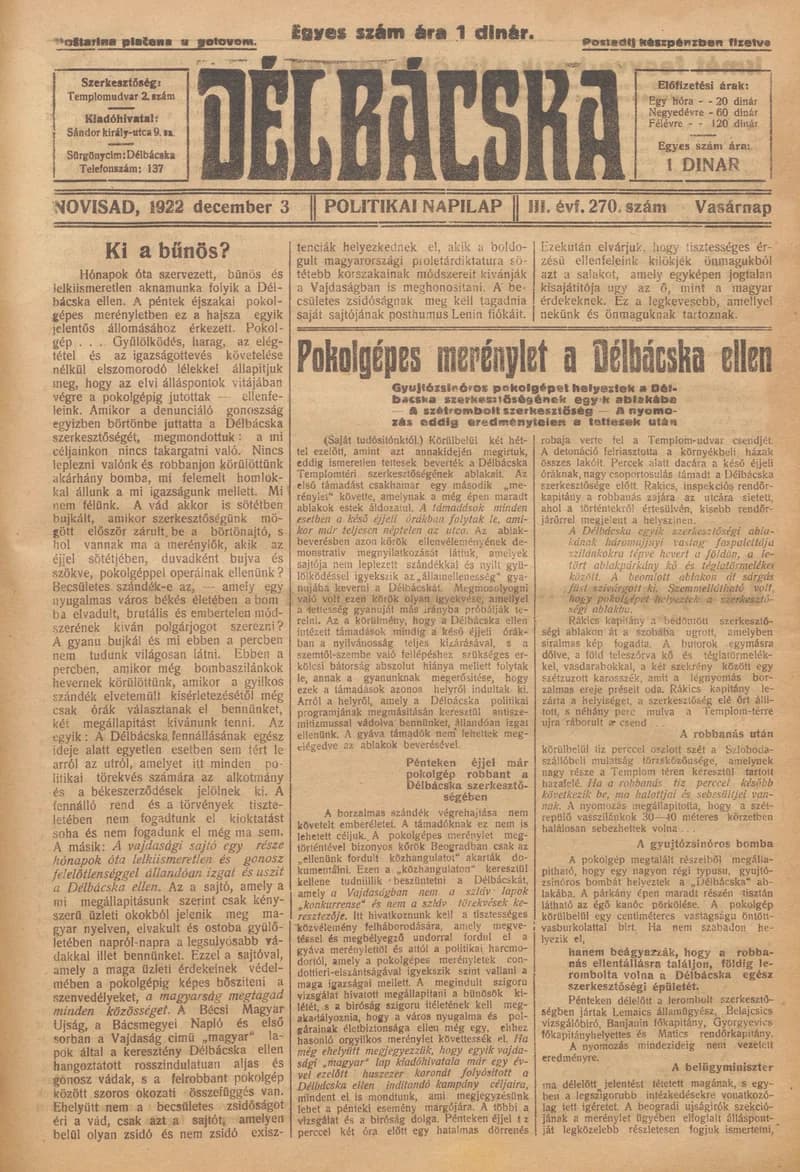 Délbácska, 3. évf. 1922. december 3. 270. sz.