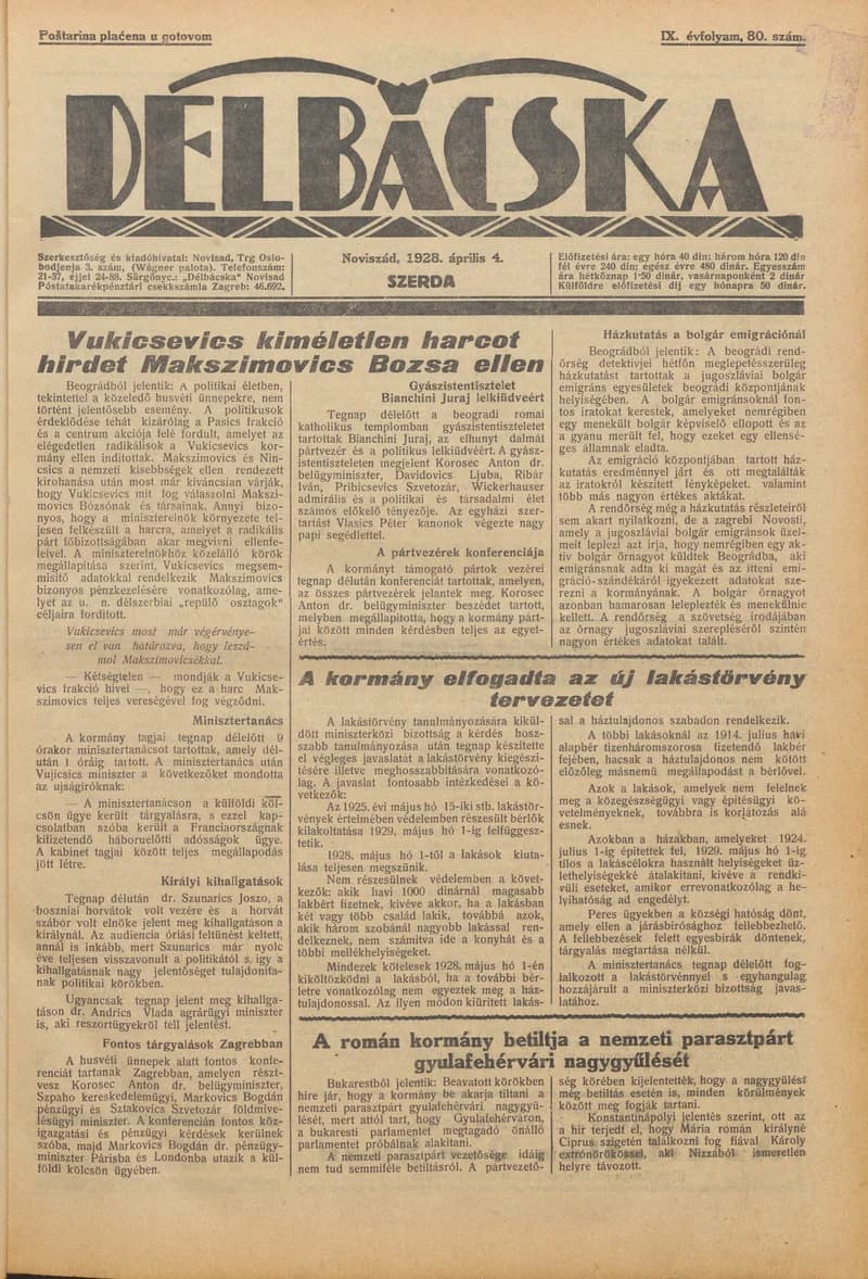 Délbácska, 9. évf. 1928. április 4. 80. sz.