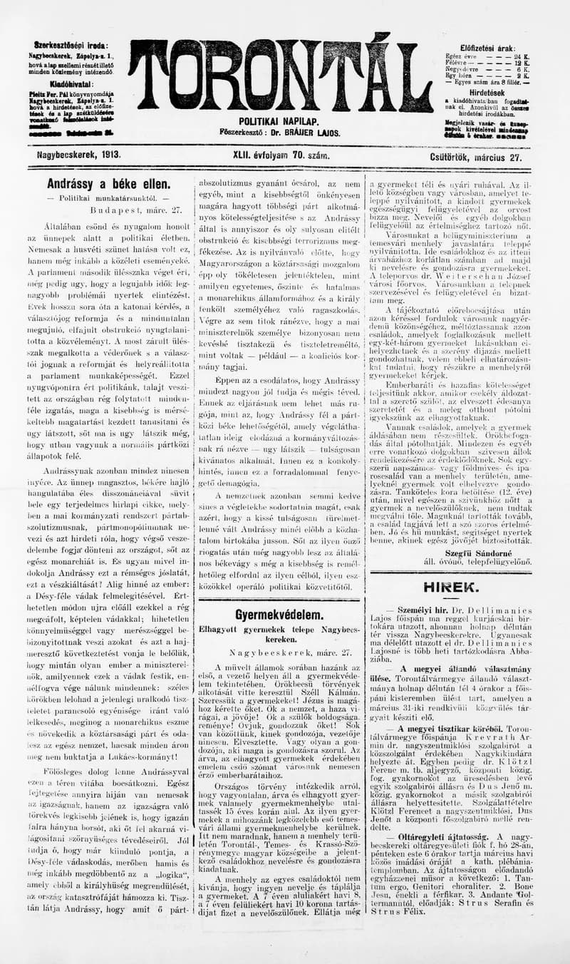 Torontál, 42. évf. 1913. március 27. 70. sz.