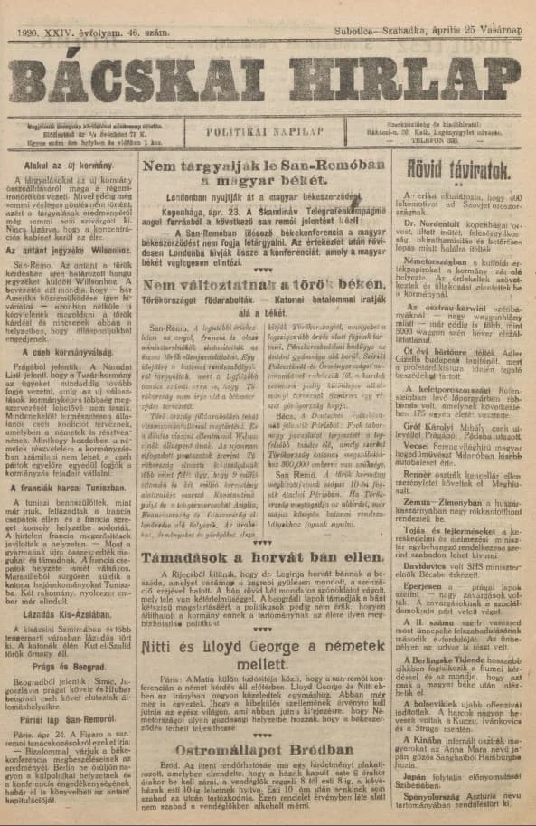 Bácskai Hirlap, 24. évf. 1920. április 24. 46. sz.