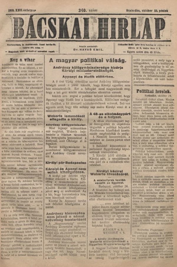 Bácskai Hirlap, 22. évf. 1918. október 25. 240. sz.