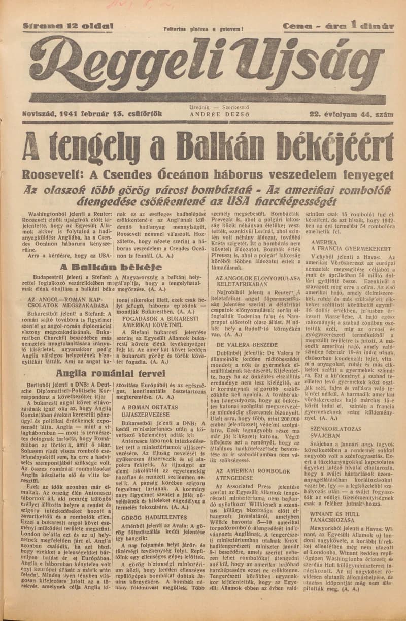 Reggeli Újság, 22. évf. 1941. február 13. 44. sz.