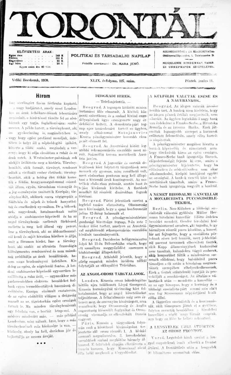Torontál, 49. évf. 1920. június 11. 127. sz.