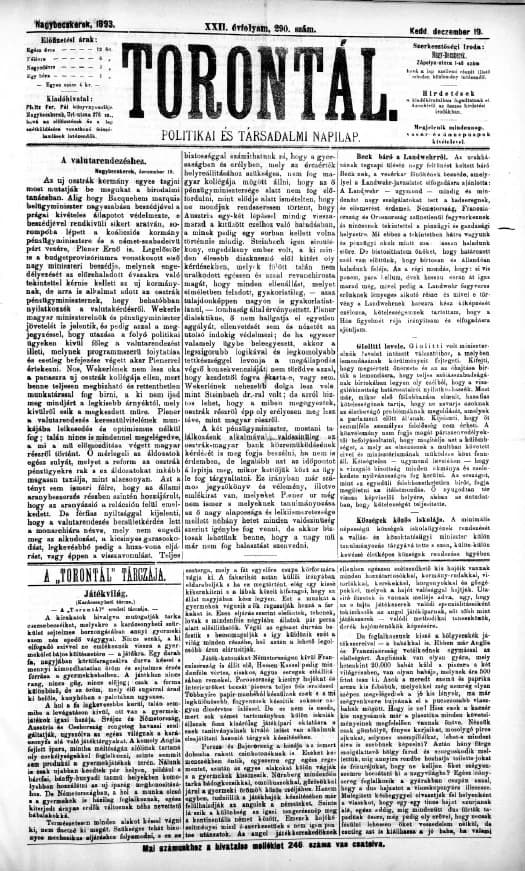 Torontál, 22. évf. 1893. december 19. 290. sz.