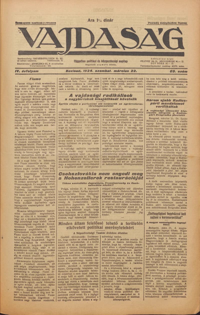 Vajdaság, 4. évf. 1924. március 22. 69. sz.