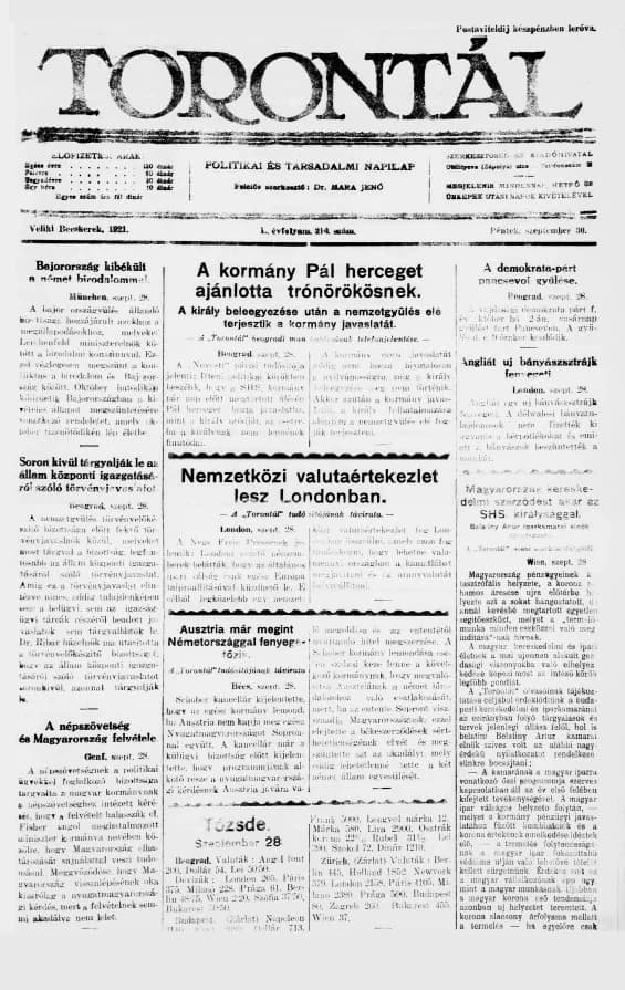 Torontál, 50. évf. 1921. szeptember 30. 214. sz.
