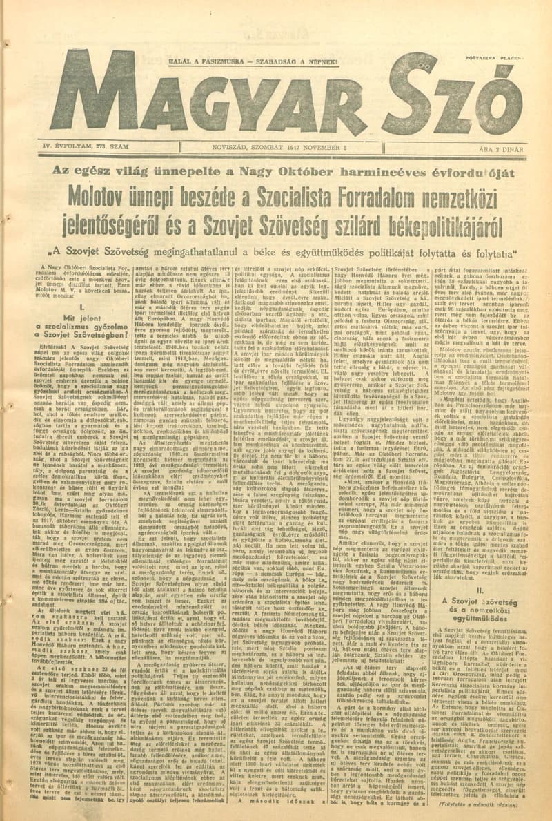 Magyar Szó, 4. évf. 1947. november 8. 273. sz. 1–6. oldal