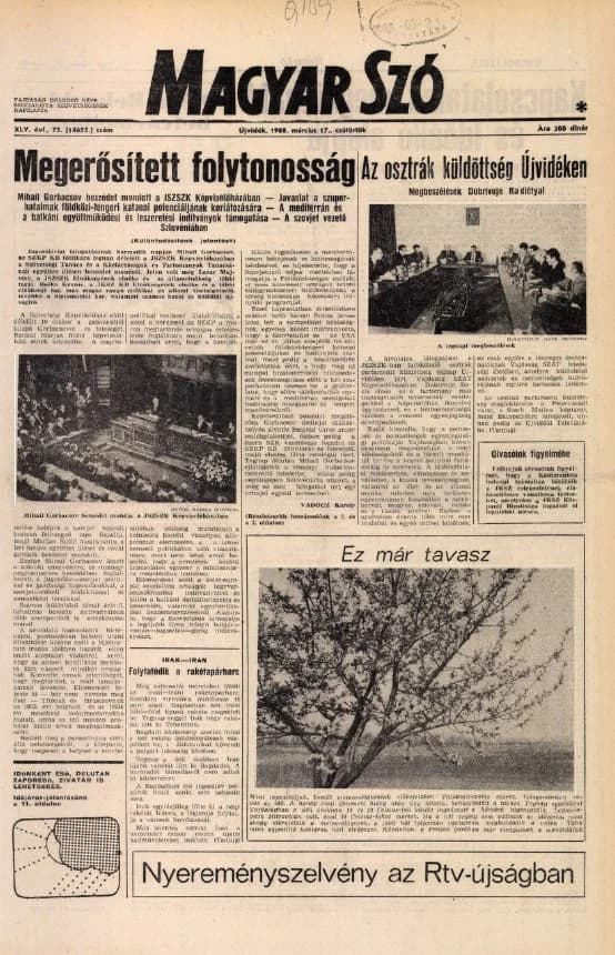 Magyar Szó, 45. évf. 1988. március 17. 75. sz. 1–16. oldal