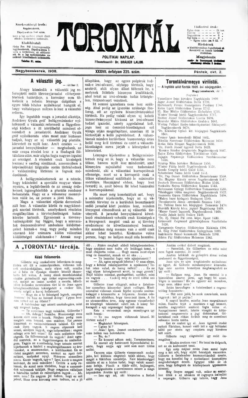 Torontál, 37. évf. 1908. október 2. 225. sz.