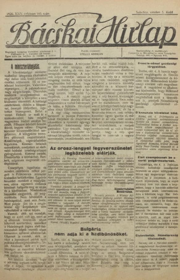 Bácskai Hirlap, 24. évf. 1920. október 5. 165. sz.