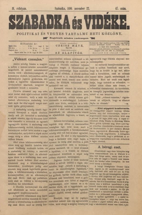 Szabadka és vidéke II, 4. évf. 1896. november 22. 47. sz.