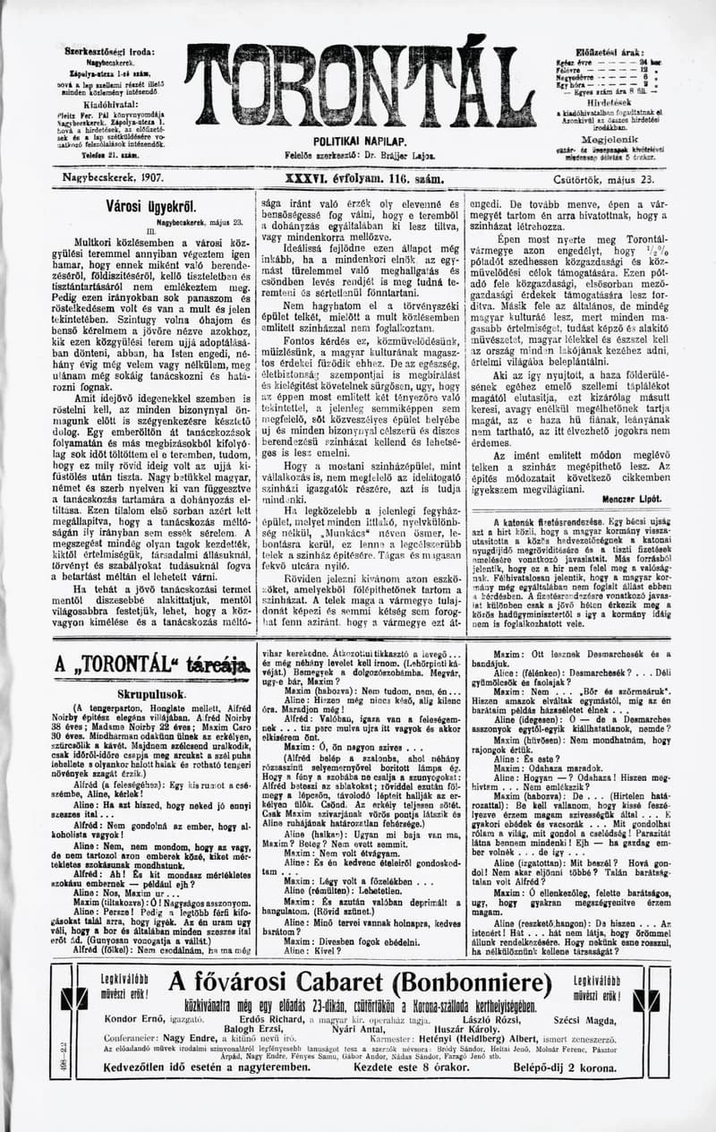 Torontál, 36. évf. 1907. május 23. 116. sz.