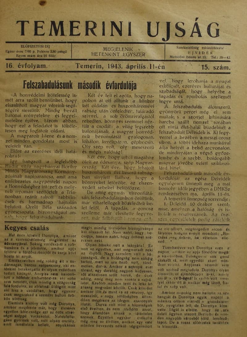 Temerini Újság 1928-1944, 16. évf. 1943. április 11. 15. sz.