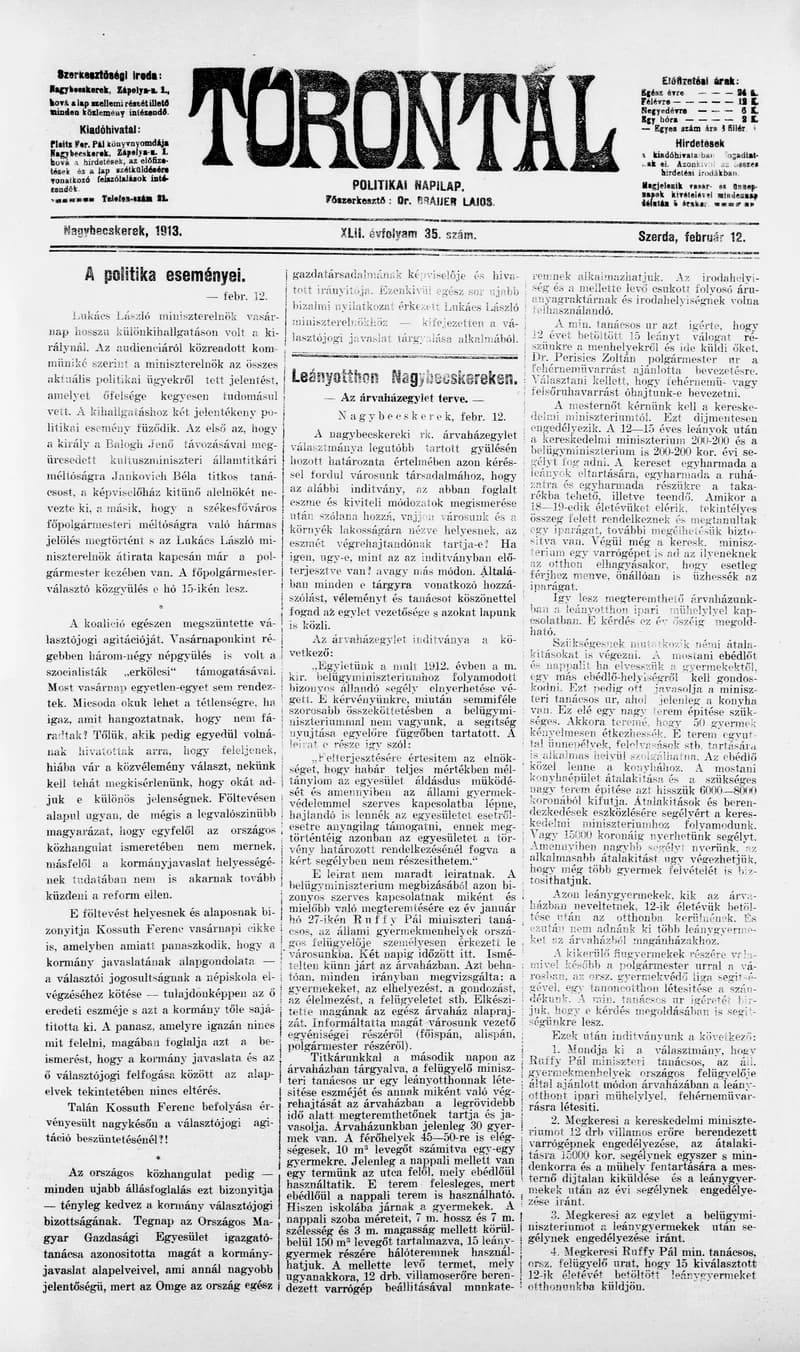 Torontál, 42. évf. 1913. február 12. 35. sz.