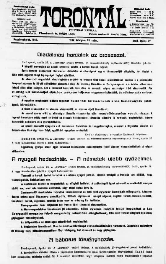 Torontál, 44. évf. 1915. április 27. 95. sz.