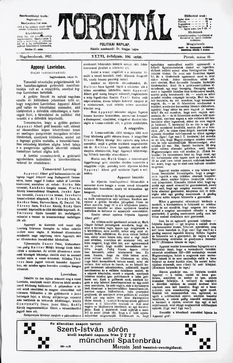 Torontál, 36. évf. 1907. május 10. 106. sz.