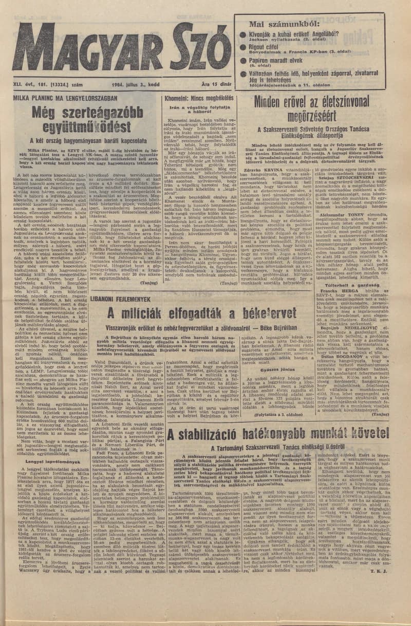 Magyar Szó, 41. évf. 1984. július 3. 181. sz. 1–20. oldal