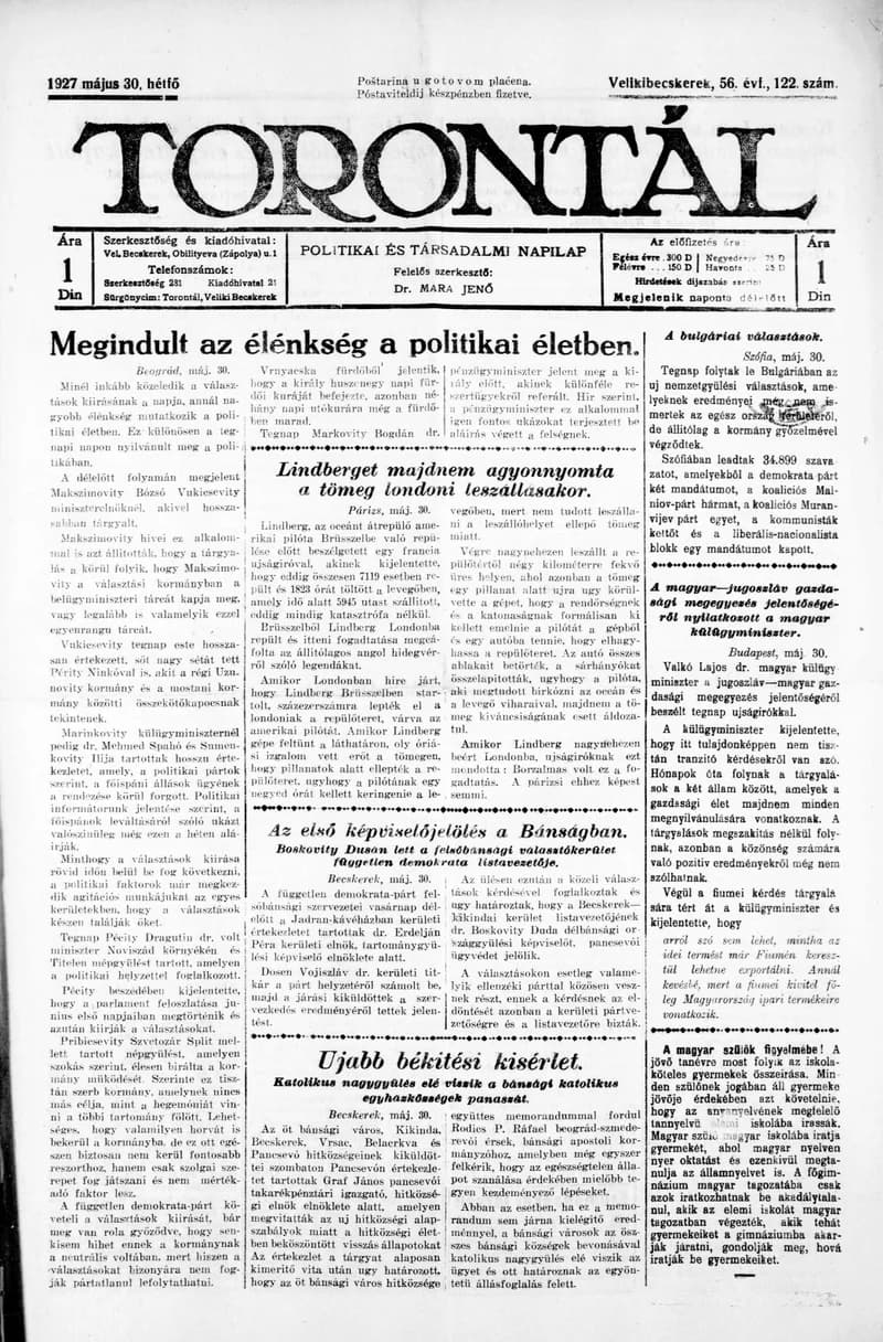 Torontál, 56. évf. 1927. május 30. 122. sz.