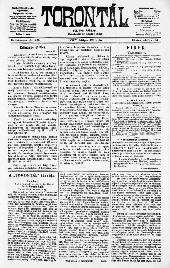 Torontál, 39. évf. 1910. október 14. 234. sz.
