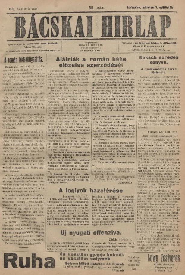 Bácskai Hirlap, 22. évf. 1918. március 7. 55. sz.